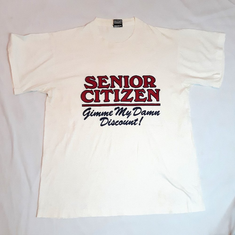 Vtg 90's Fruit Loom Best Senior Gimmee My Damn Discount White 50-50 T-shirt Sz L